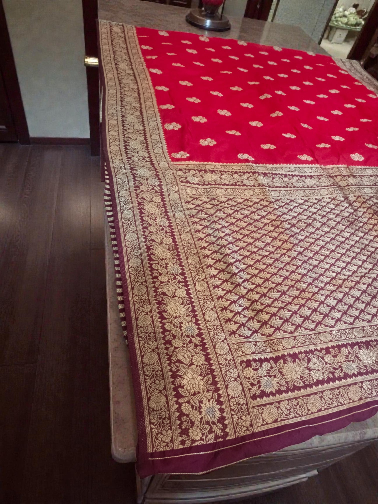 Royal Red Banarasi Semi Katan Silk Saree with Contrast Gold Zari Weaving & Rich Pallu