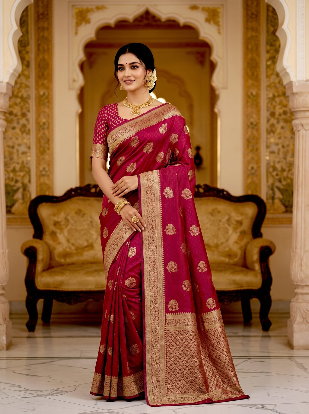 Maroon Banarasi Khadi Chiffon Saree with Rich Zari Buti & Woven Border | Premium Festive & Wedding Saree for Women