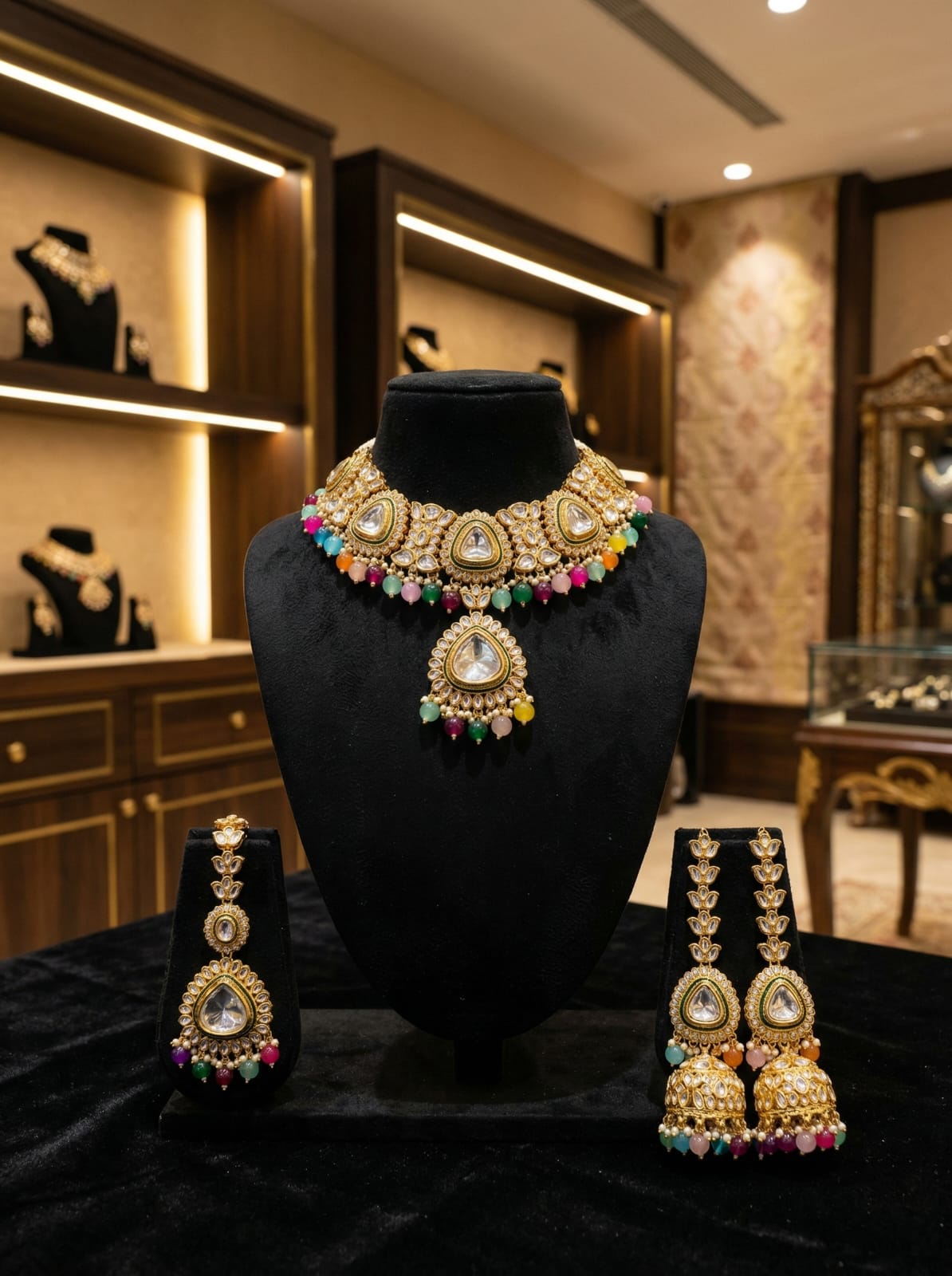 myFashion Multicolor Kundan Choker Necklace Set with Pearl Strands | Bridal Jewellery Set with Jhumka Earrings & Maang Tikka
