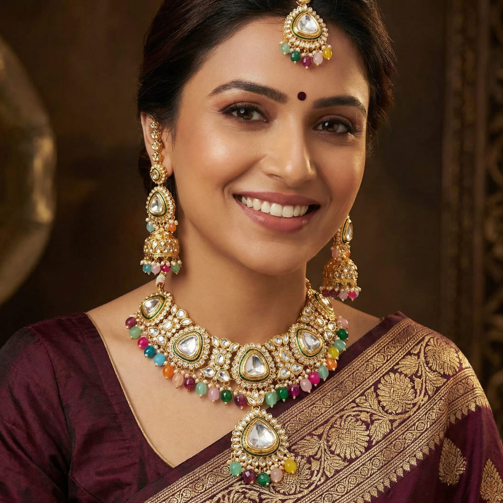 myFashion Multicolor Kundan Choker Necklace Set with Pearl Strands | Bridal Jewellery Set with Jhumka Earrings & Maang Tikka