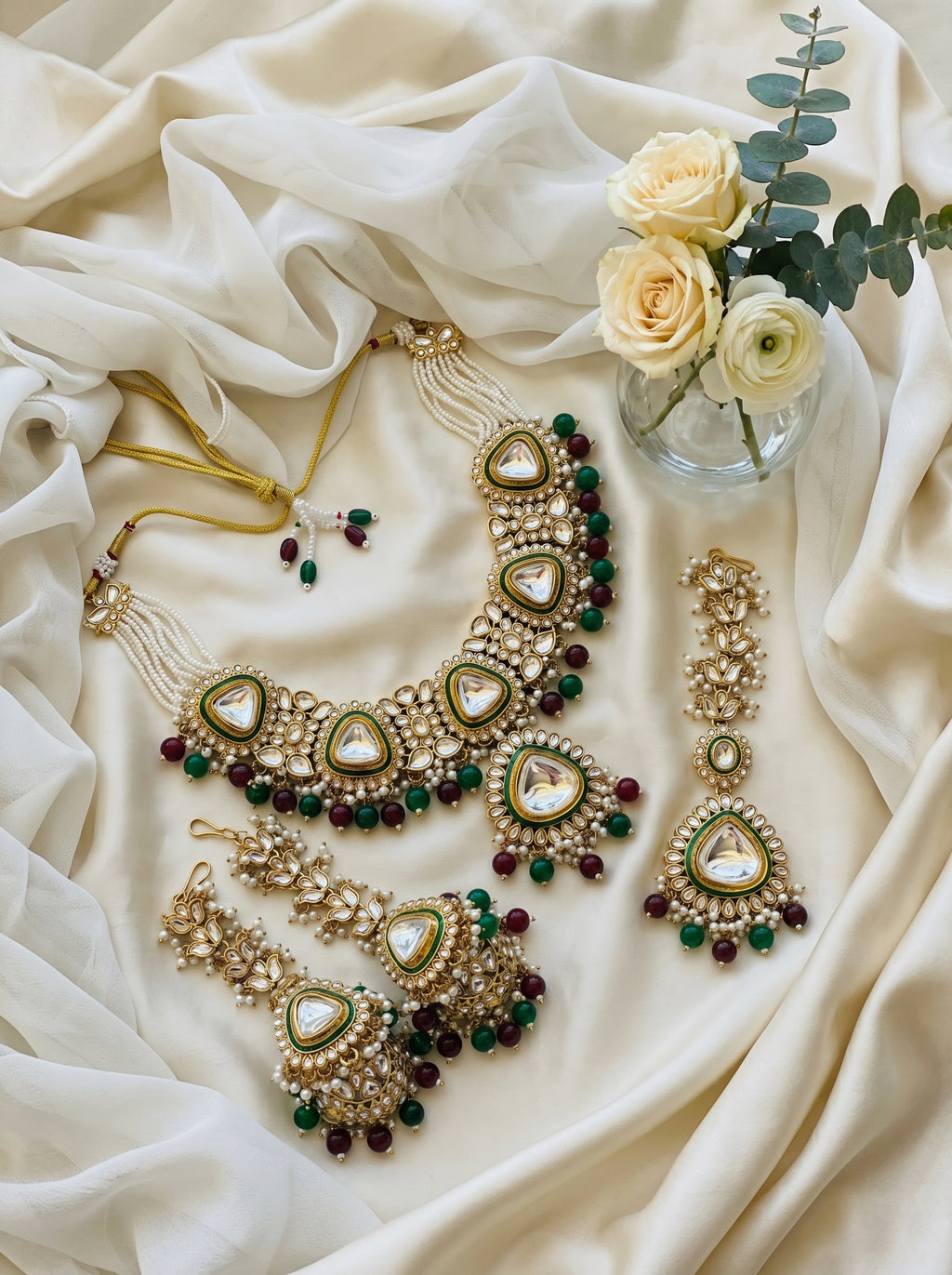 myFashion Kundan Choker Necklace Set with Pearl Strands & Green Maroon Beads | Bridal Jewellery Set with Jhumka Earrings & Maang Tikka