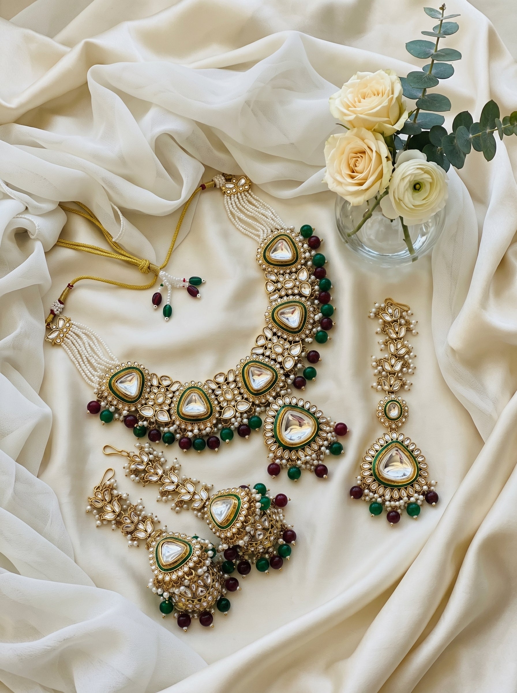myFashion Kundan Choker Necklace Set with Pearl Strands & Green Maroon Beads | Bridal Jewellery Set with Jhumka Earrings & Maang Tikka