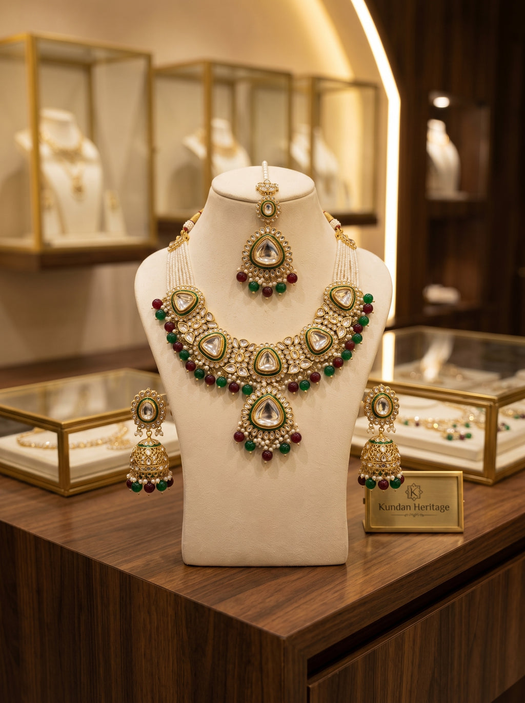 myFashion Kundan Choker Necklace Set with Pearl Strands & Green Maroon Beads | Bridal Jewellery Set with Jhumka Earrings & Maang Tikka