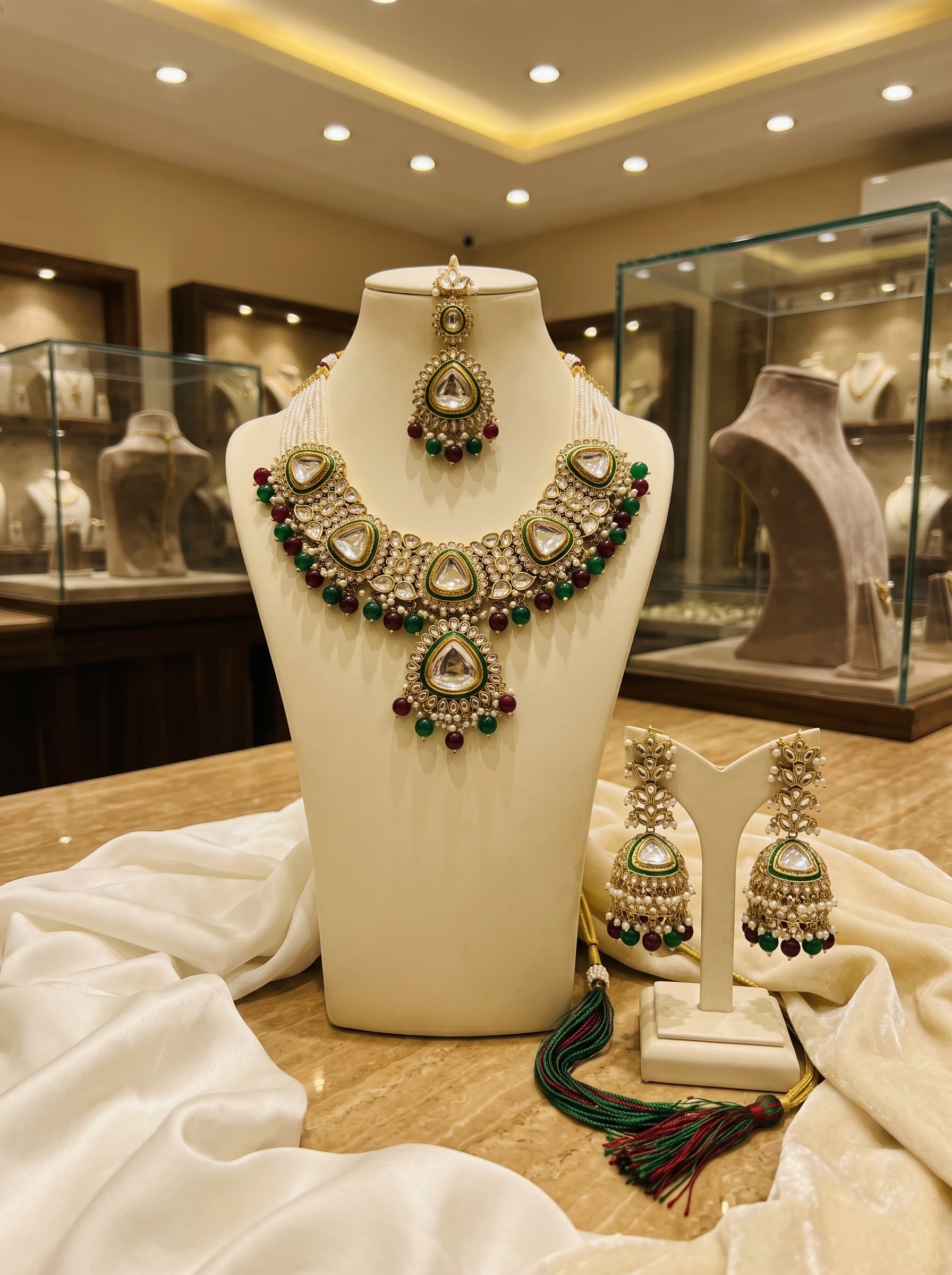 myFashion Kundan Choker Necklace Set with Pearl Strands & Green Maroon Beads | Bridal Jewellery Set with Jhumka Earrings & Maang Tikka
