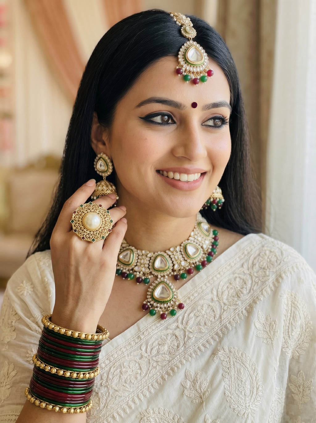 myFashion Kundan Choker Necklace Set with Pearl Strands & Green Maroon Beads | Bridal Jewellery Set with Jhumka Earrings & Maang Tikka