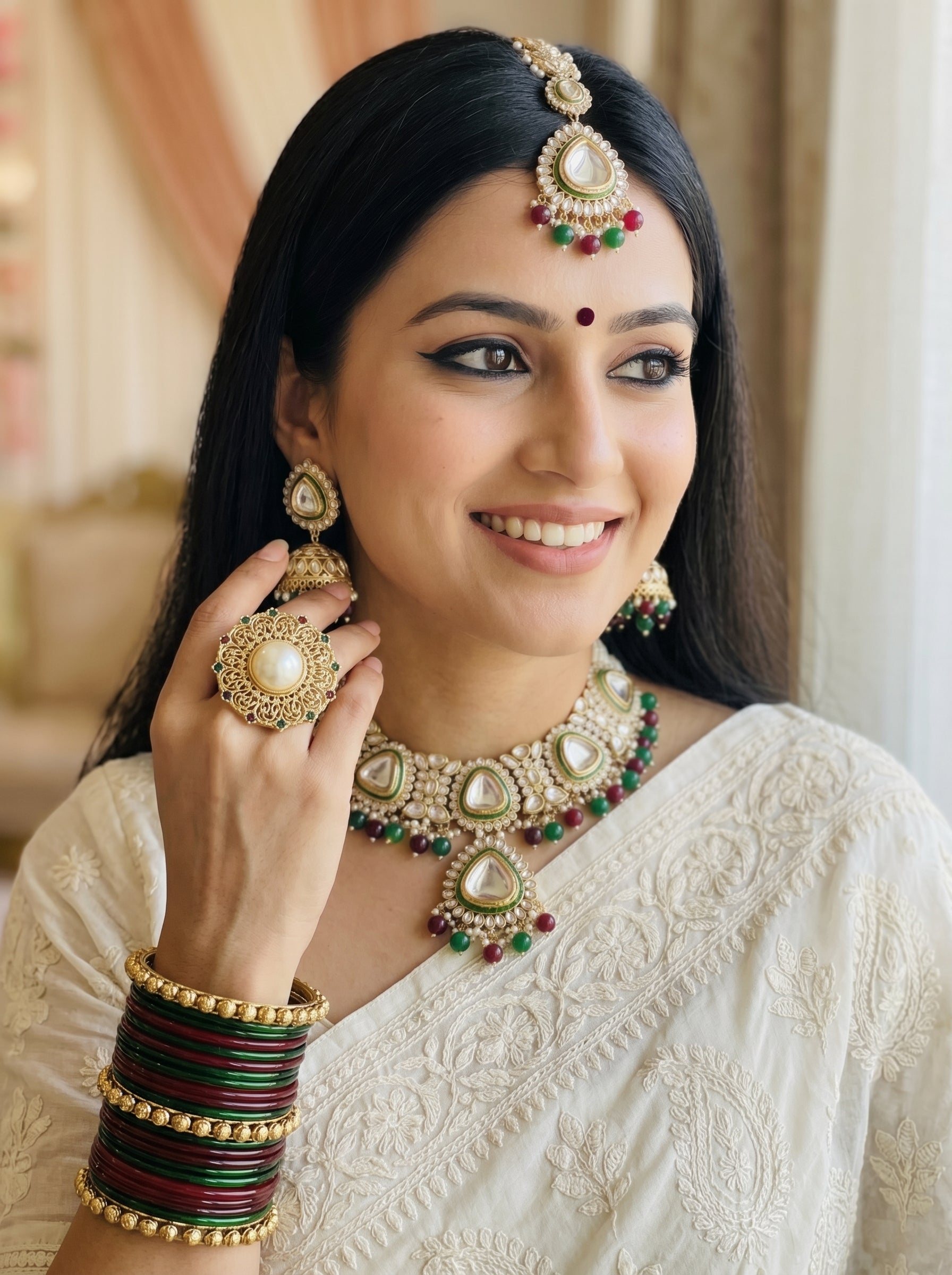myFashion Kundan Choker Necklace Set with Pearl Strands & Green Maroon Beads | Bridal Jewellery Set with Jhumka Earrings & Maang Tikka
