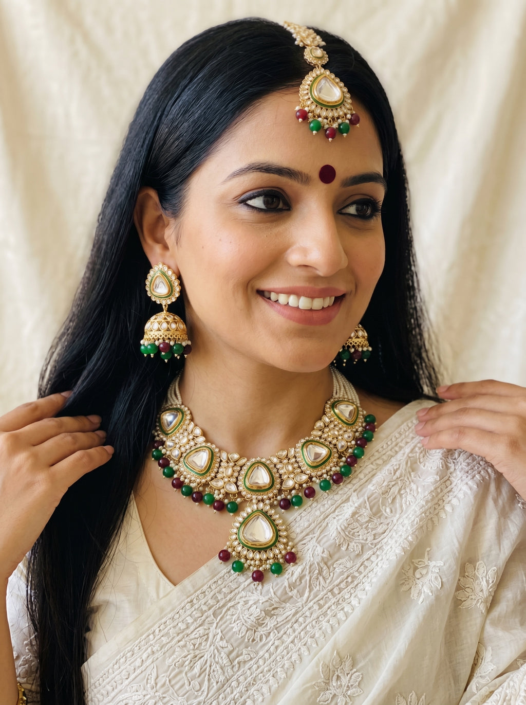 myFashion Kundan Choker Necklace Set with Pearl Strands & Green Maroon Beads | Bridal Jewellery Set with Jhumka Earrings & Maang Tikka