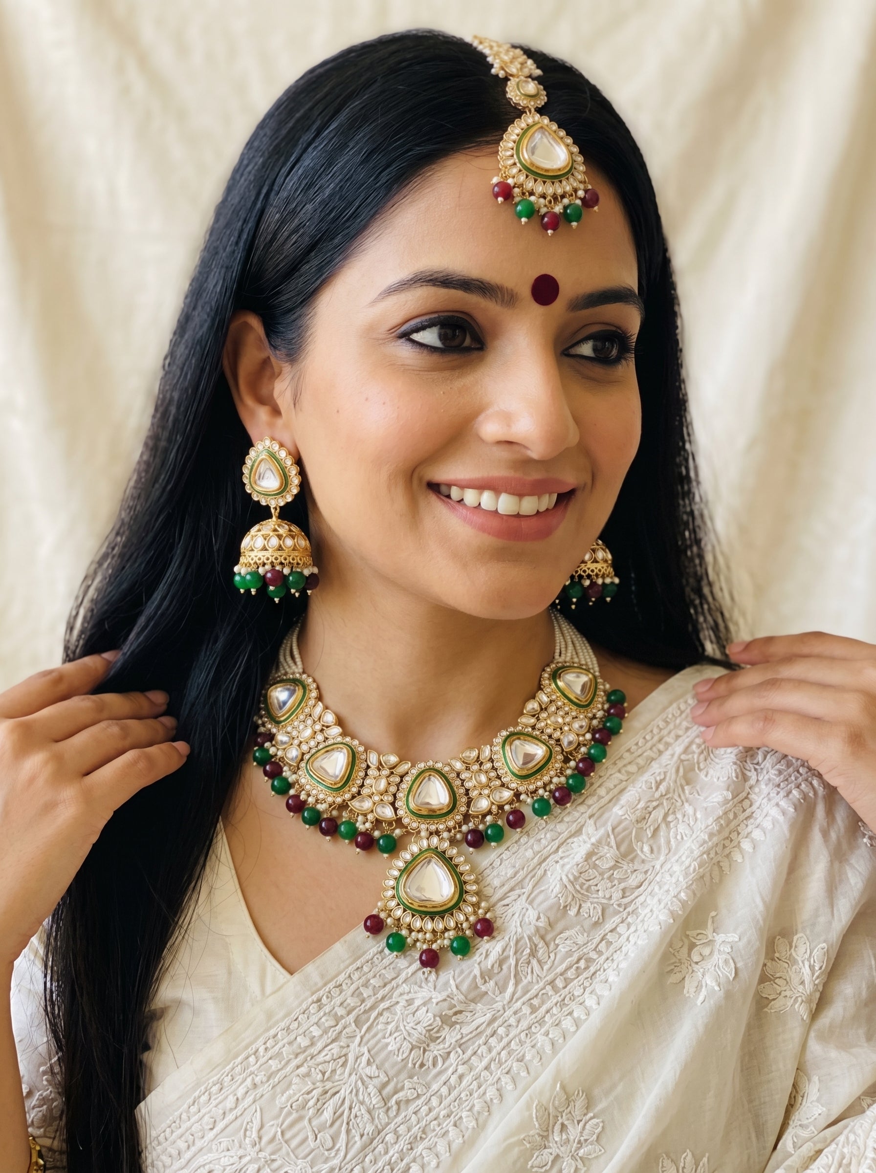 myFashion Kundan Choker Necklace Set with Pearl Strands & Green Maroon Beads | Bridal Jewellery Set with Jhumka Earrings & Maang Tikka