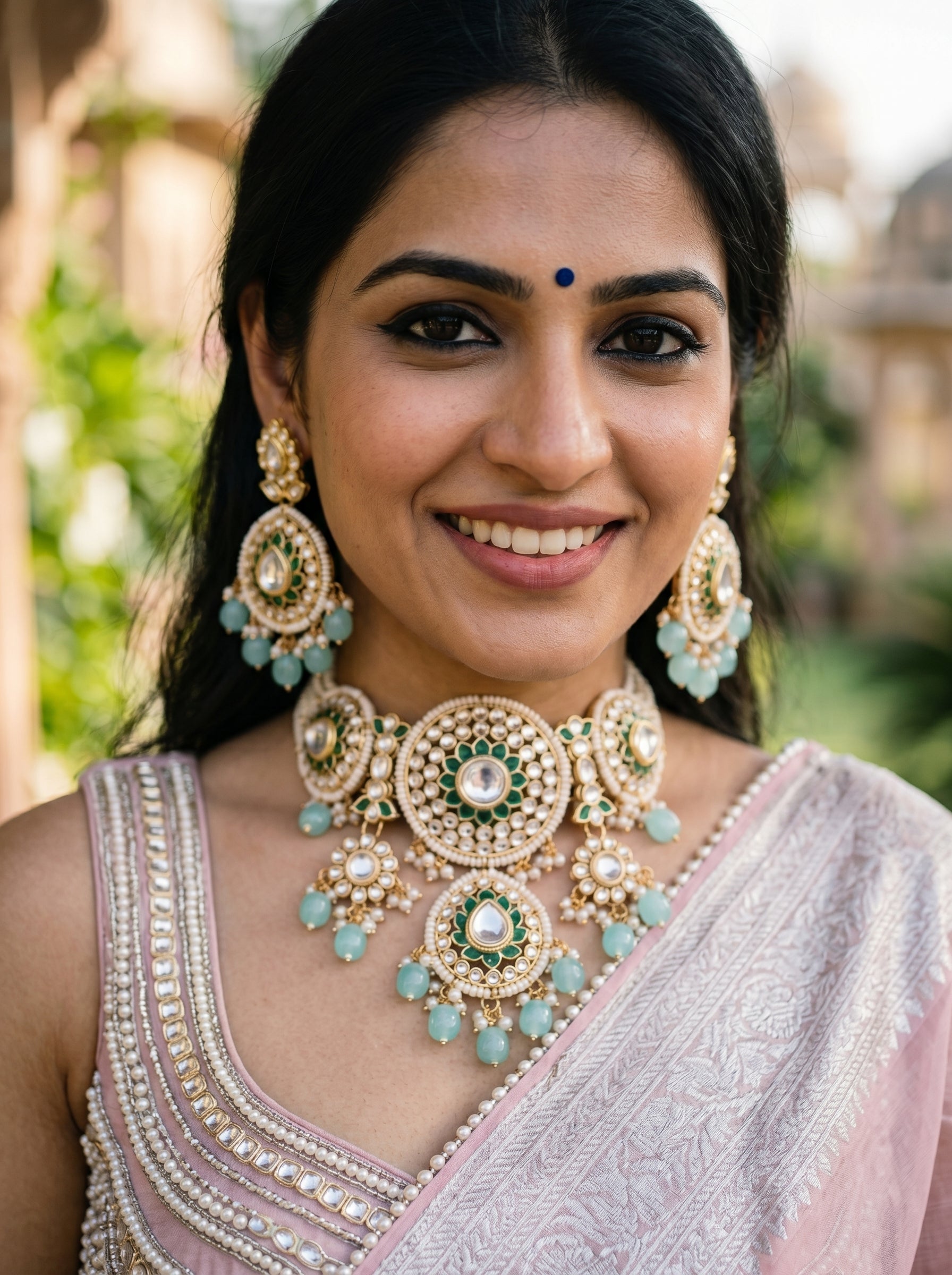 myFashion Royal Kundan Necklace Set with Pearl Strands & Green Enamel | Bridal Jewellery Set with Earrings & Maang Tikka