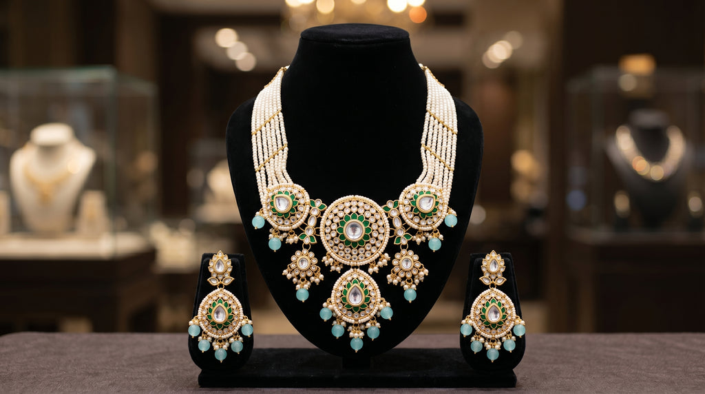 myFashion Royal Kundan Necklace Set with Pearl Strands & Green Enamel | Bridal Jewellery Set with Earrings & Maang Tikka
