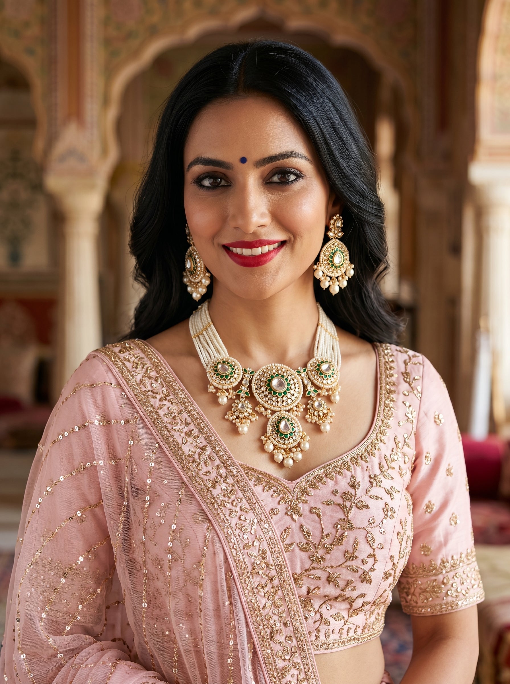 myFashion Royal Kundan Necklace Set with Pearl Strands & Green Enamel | Bridal Jewellery Set with Earrings & Maang Tikka