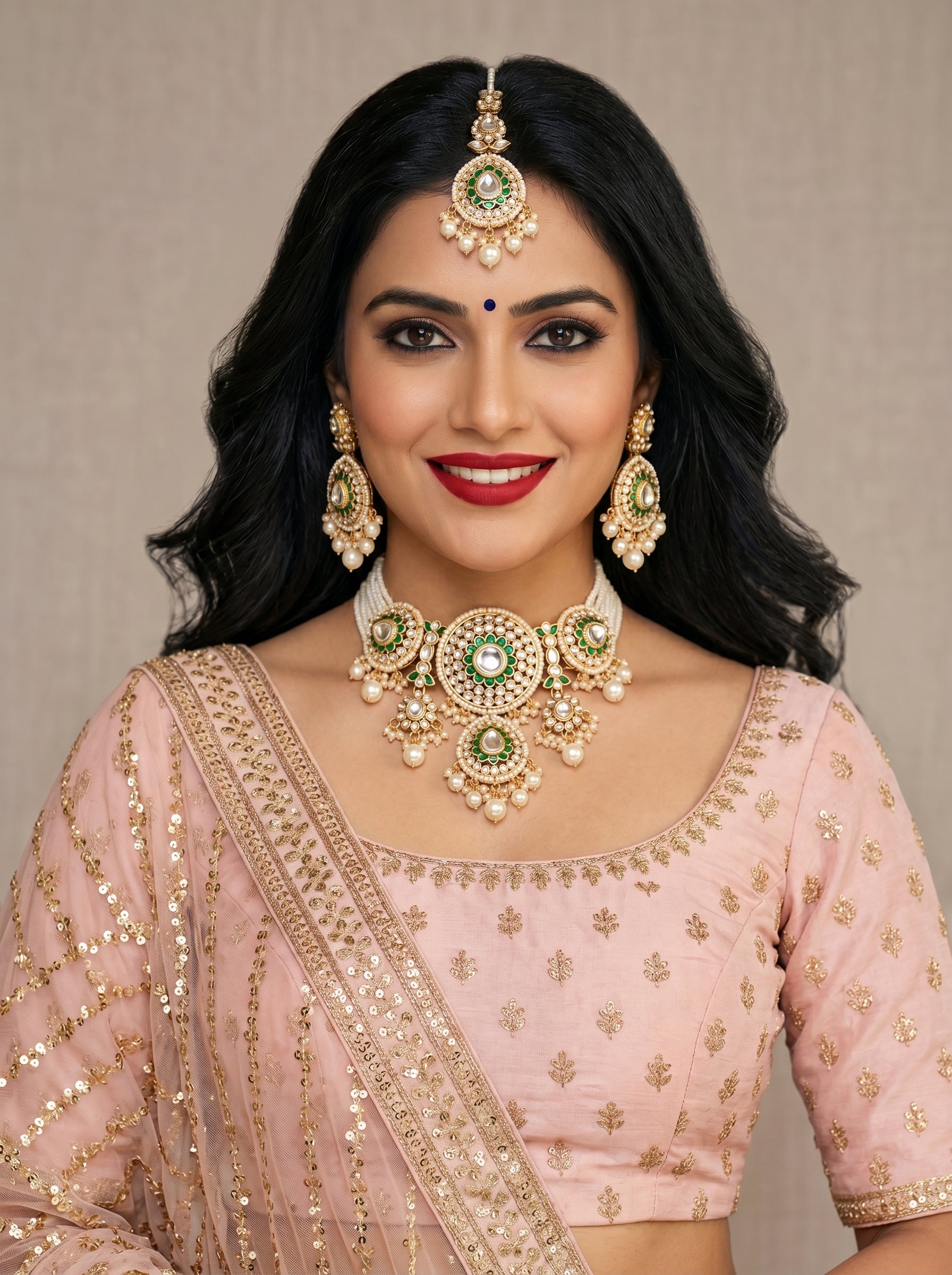 myFashion Royal Kundan Necklace Set with Pearl Strands & Green Enamel | Bridal Jewellery Set with Earrings & Maang Tikka