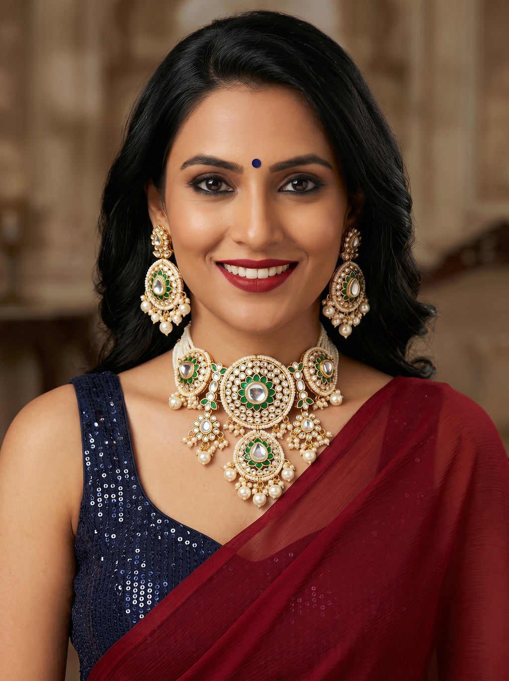 myFashion Royal Kundan Necklace Set with Pearl Strands & Green Enamel | Bridal Jewellery Set with Earrings & Maang Tikka