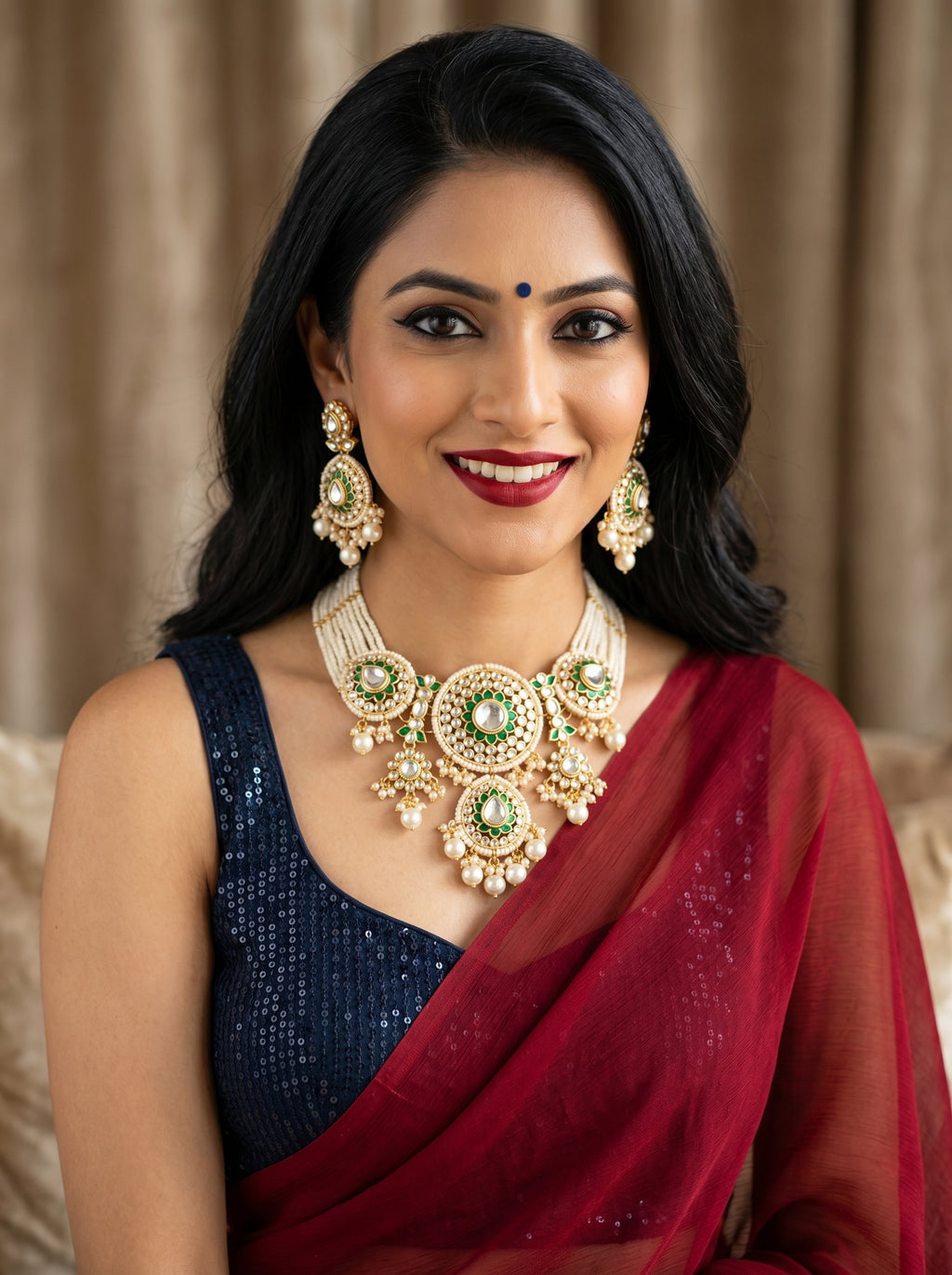myFashion Royal Kundan Necklace Set with Pearl Strands & Green Enamel | Bridal Jewellery Set with Earrings & Maang Tikka