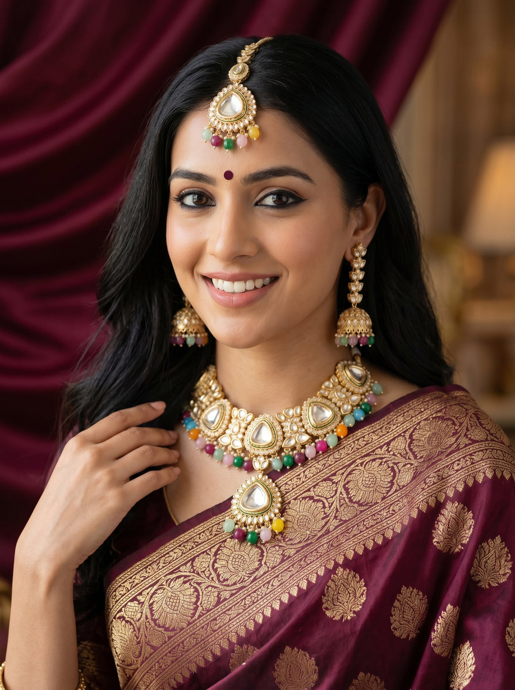 myFashion Multicolor Kundan Choker Necklace Set with Pearl Strands | Bridal Jewellery Set with Jhumka Earrings & Maang Tikka