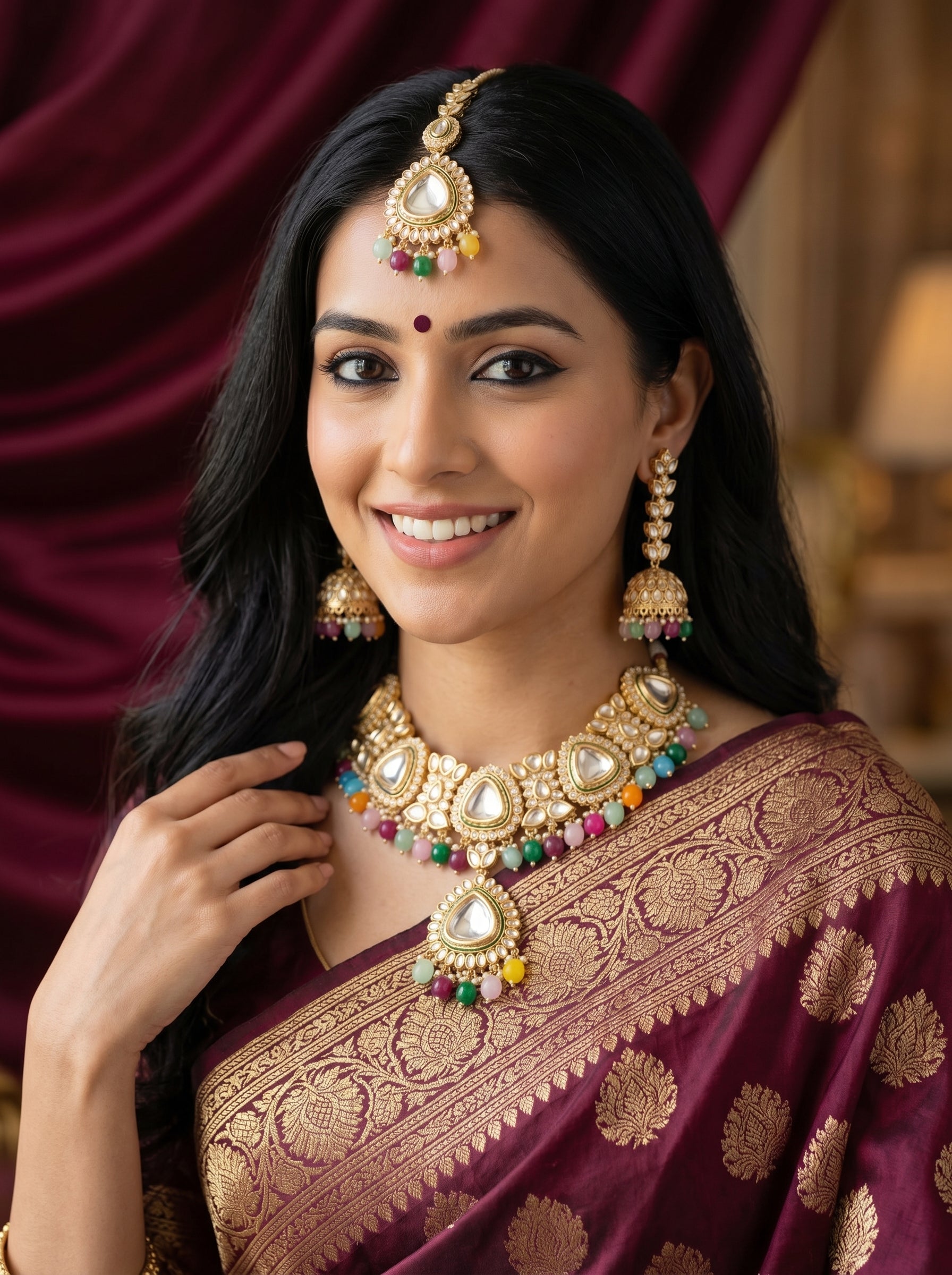 myFashion Multicolor Kundan Choker Necklace Set with Pearl Strands | Bridal Jewellery Set with Jhumka Earrings & Maang Tikka