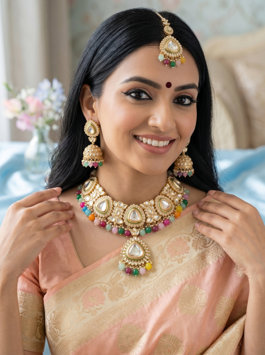 myFashion Multicolor Kundan Choker Necklace Set with Pearl Strands | Bridal Jewellery Set with Jhumka Earrings & Maang Tikka