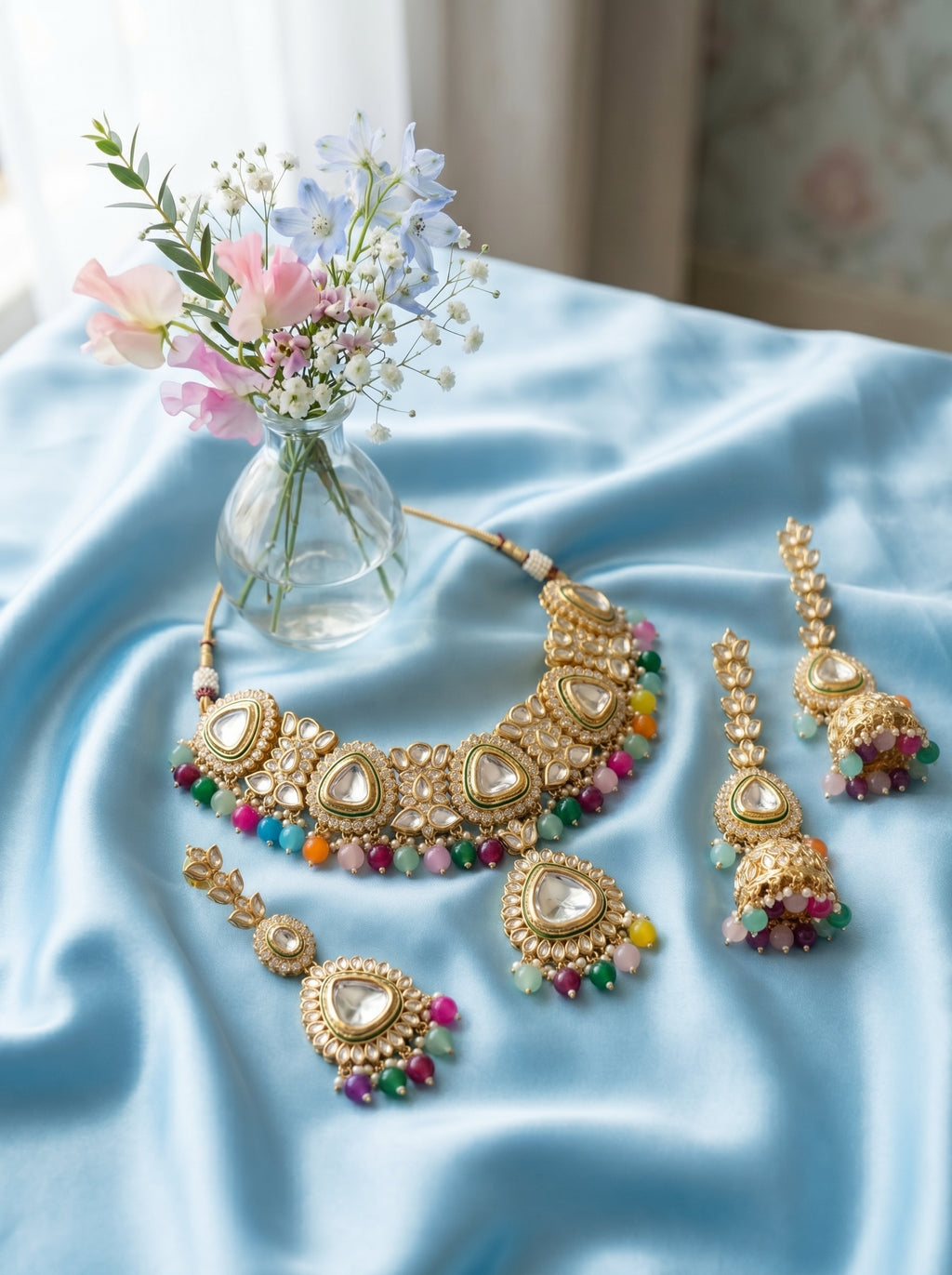 myFashion Multicolor Kundan Choker Necklace Set with Pearl Strands | Bridal Jewellery Set with Jhumka Earrings & Maang Tikka