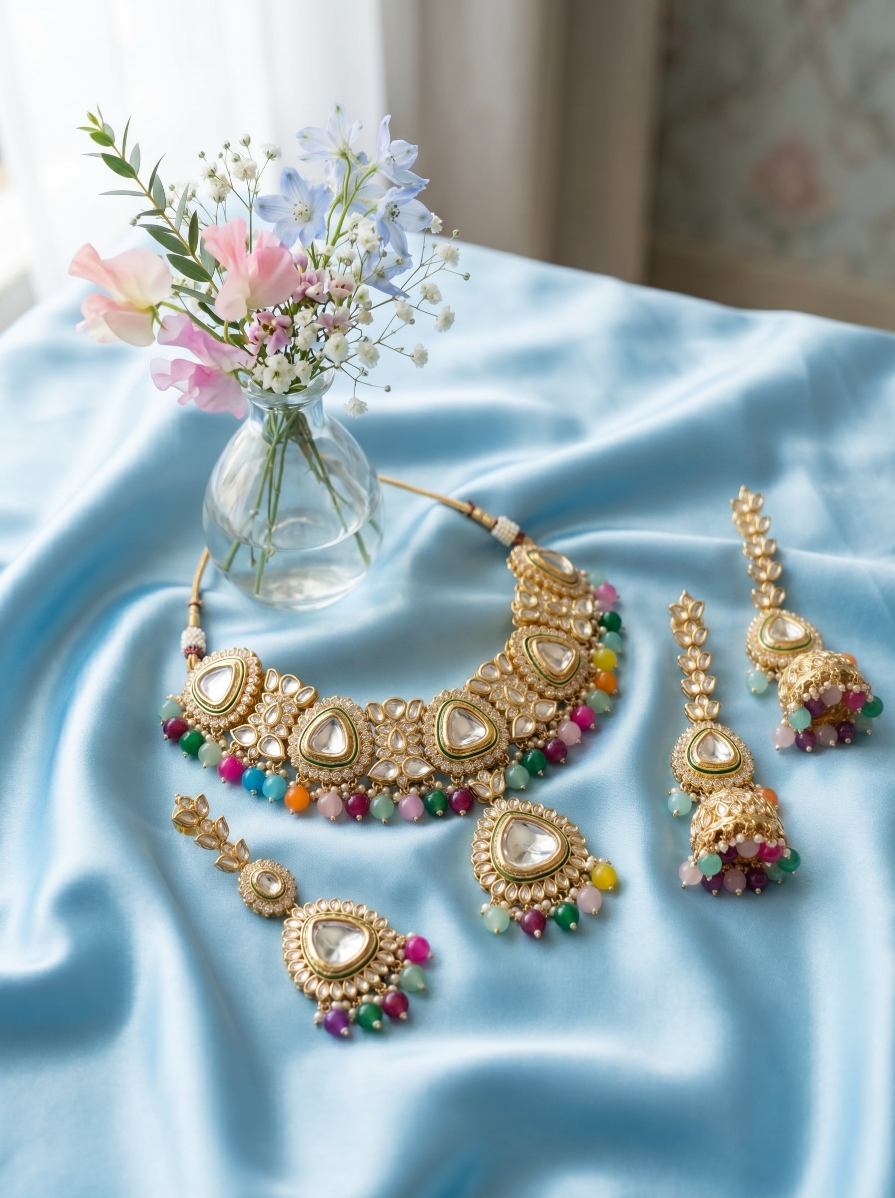 myFashion Multicolor Kundan Choker Necklace Set with Pearl Strands | Bridal Jewellery Set with Jhumka Earrings & Maang Tikka