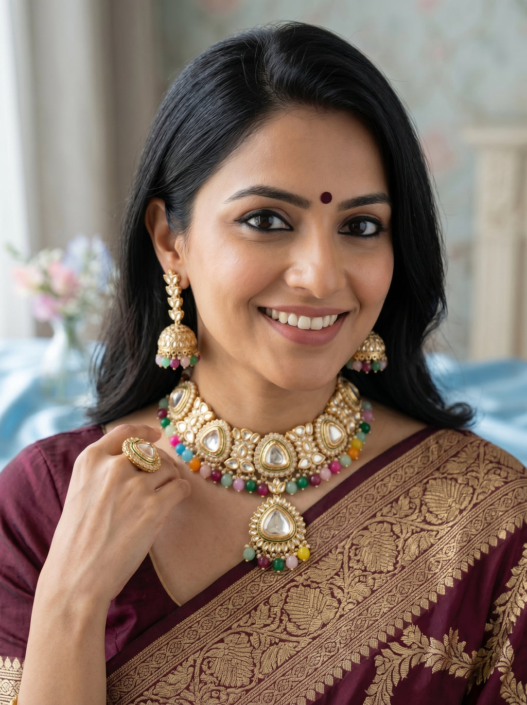 myFashion Multicolor Kundan Choker Necklace Set with Pearl Strands | Bridal Jewellery Set with Jhumka Earrings & Maang Tikka