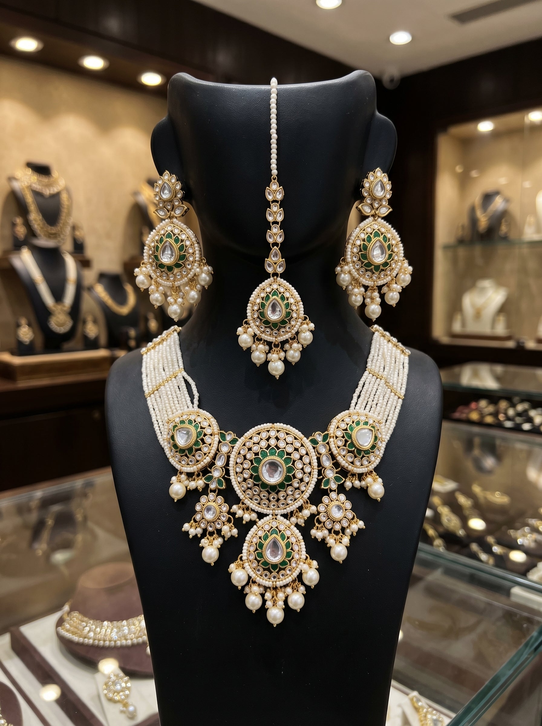 myFashion Royal Kundan Necklace Set with Pearl Strands & Green Enamel | Bridal Jewellery Set with Earrings & Maang Tikka