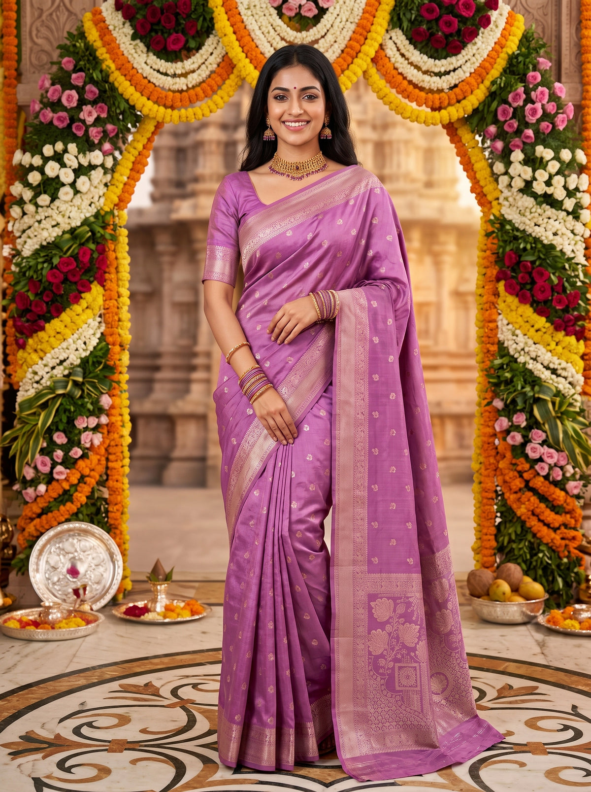 myFashion Tussar Banarasi Silk Saree with Gold Zari Floral Border, Wine colour and Lavendar Colour