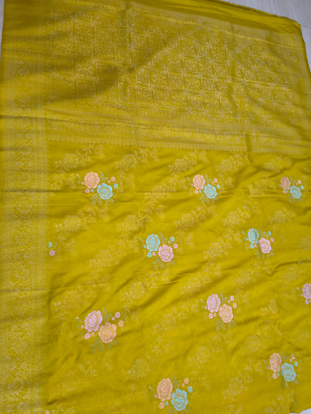 Premium Banarasi Chinon Georgette Soft Silk Saree – Lime Yellow Floral