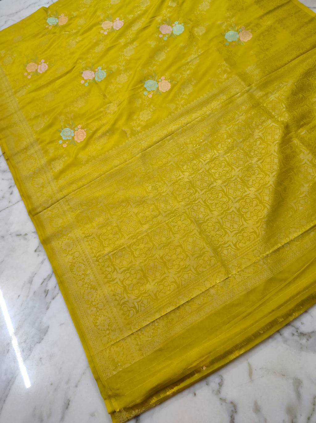 Premium Banarasi Chinon Georgette Soft Silk Saree – Lime Yellow Floral