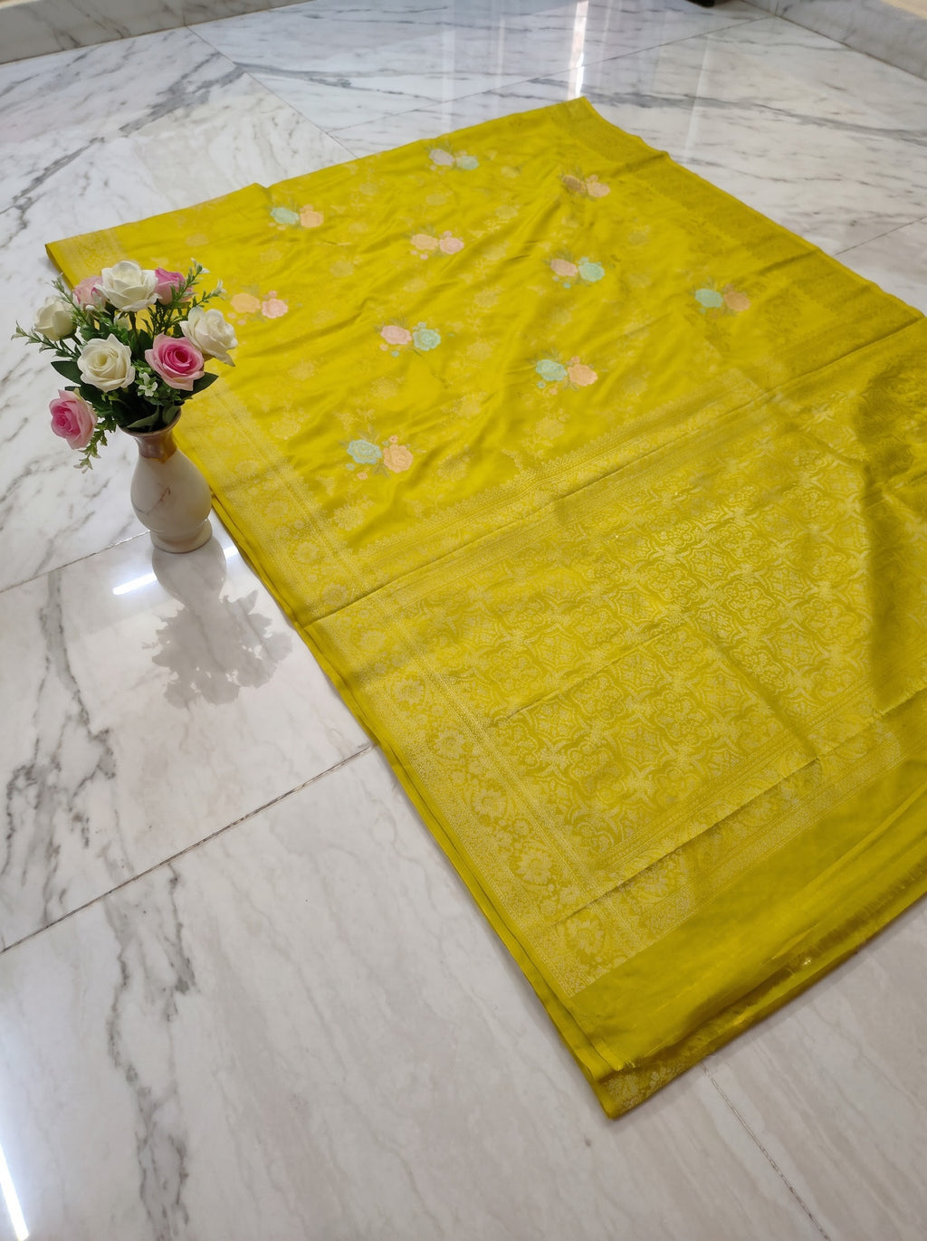 Premium Banarasi Chinon Georgette Soft Silk Saree – Lime Yellow Floral