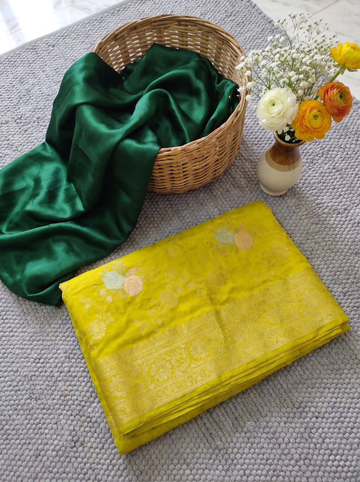 Premium Banarasi Chinon Georgette Soft Silk Saree – Lime Yellow Floral