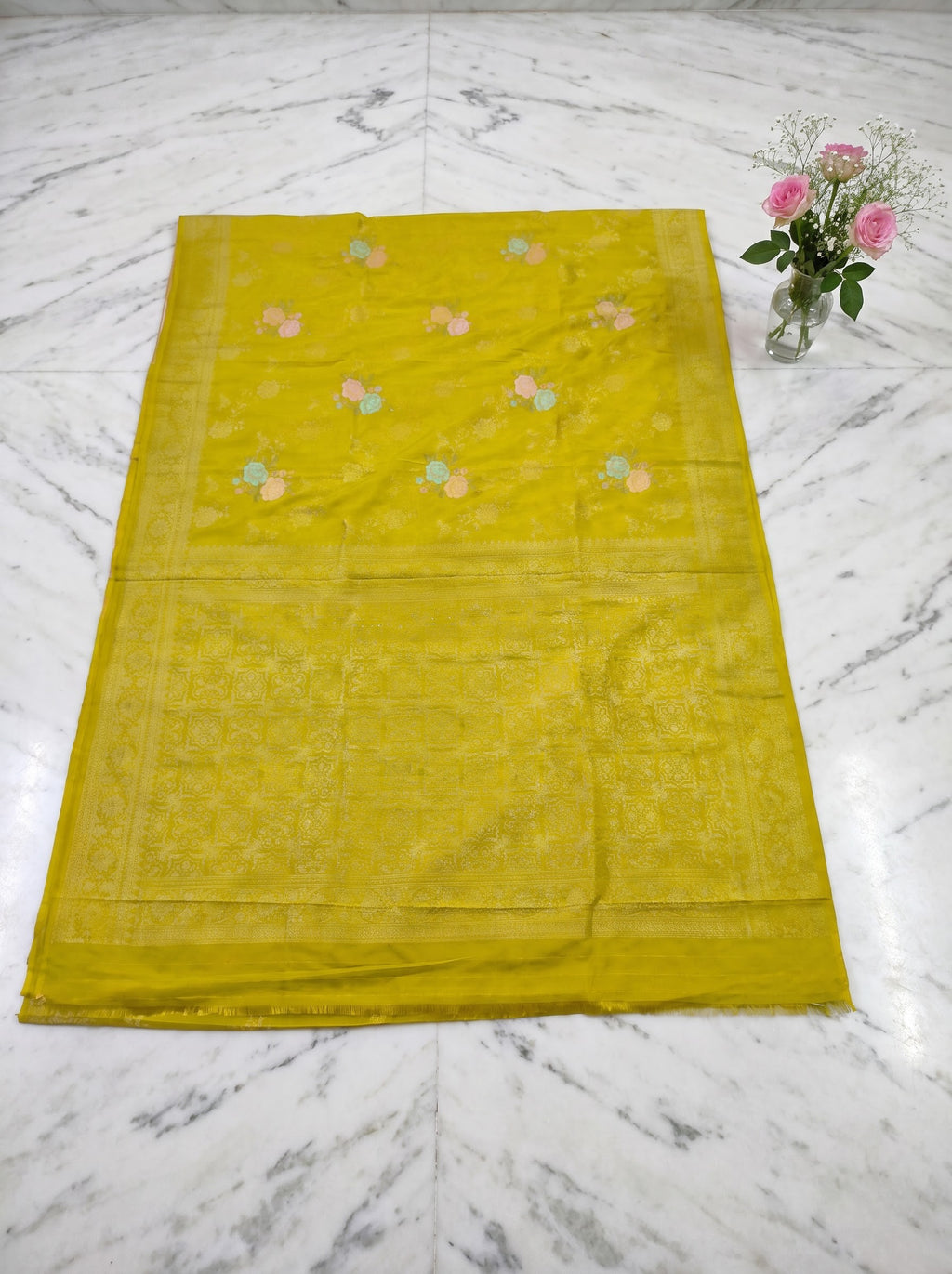 Premium Banarasi Chinon Georgette Soft Silk Saree – Lime Yellow Floral