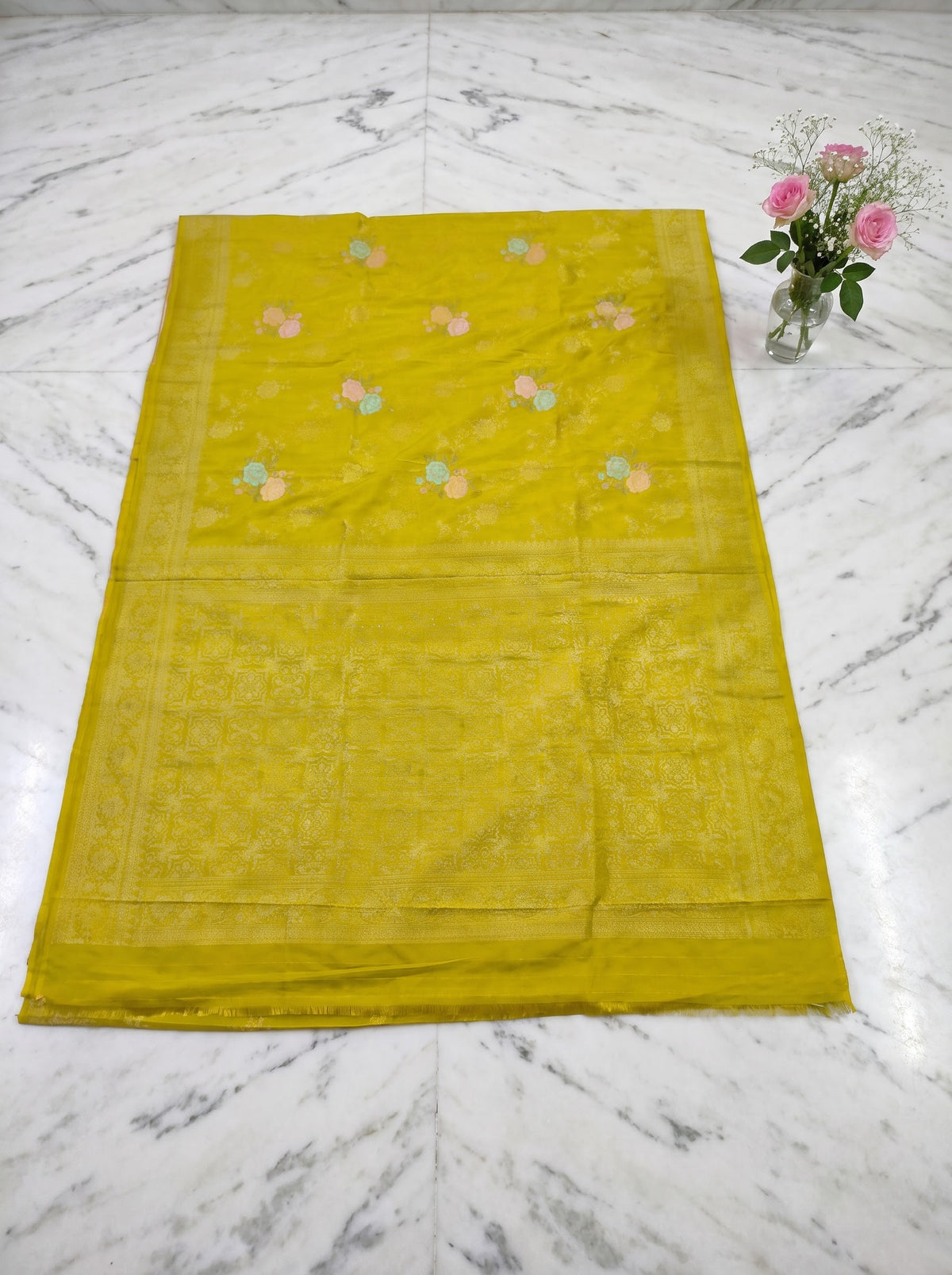 Premium Banarasi Chinon Georgette Soft Silk Saree – Lime Yellow Floral