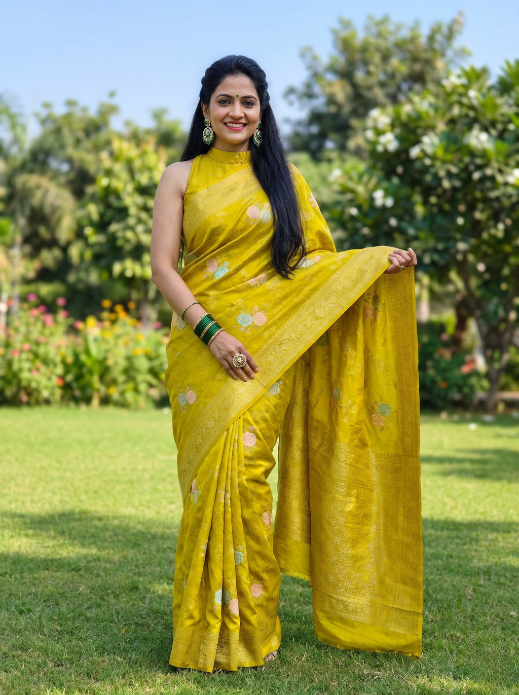 Premium Banarasi Chinon Georgette Soft Silk Saree – Lime Yellow Floral