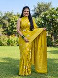 Premium Banarasi Chinon Georgette Soft Silk Saree – Lime Yellow Floral