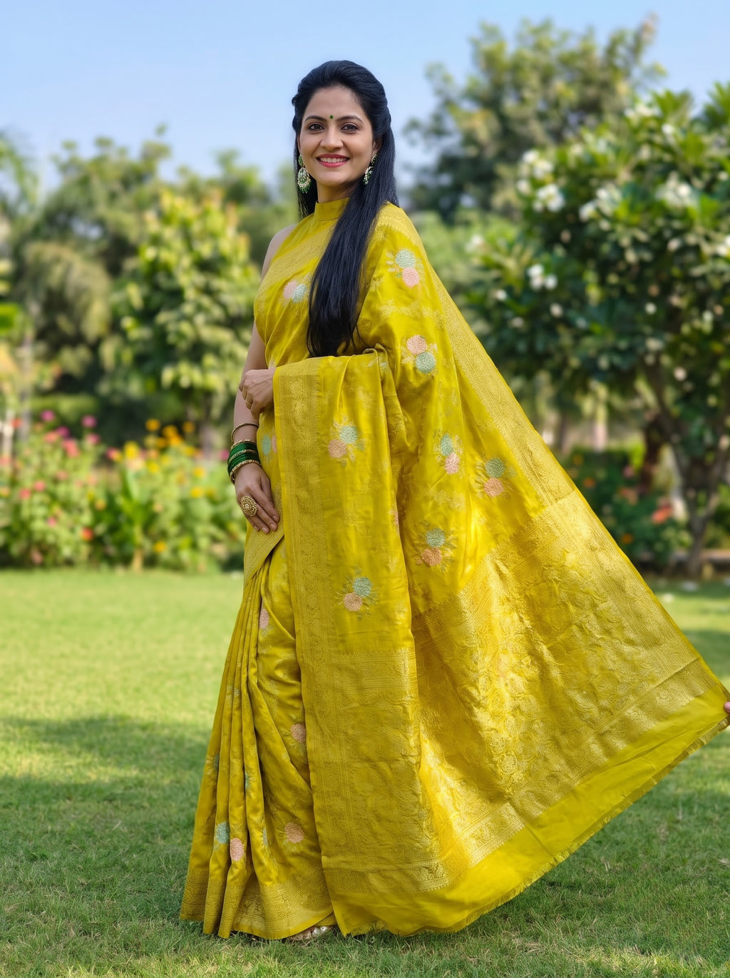 Premium Banarasi Chinon Georgette Soft Silk Saree – Lime Yellow Floral