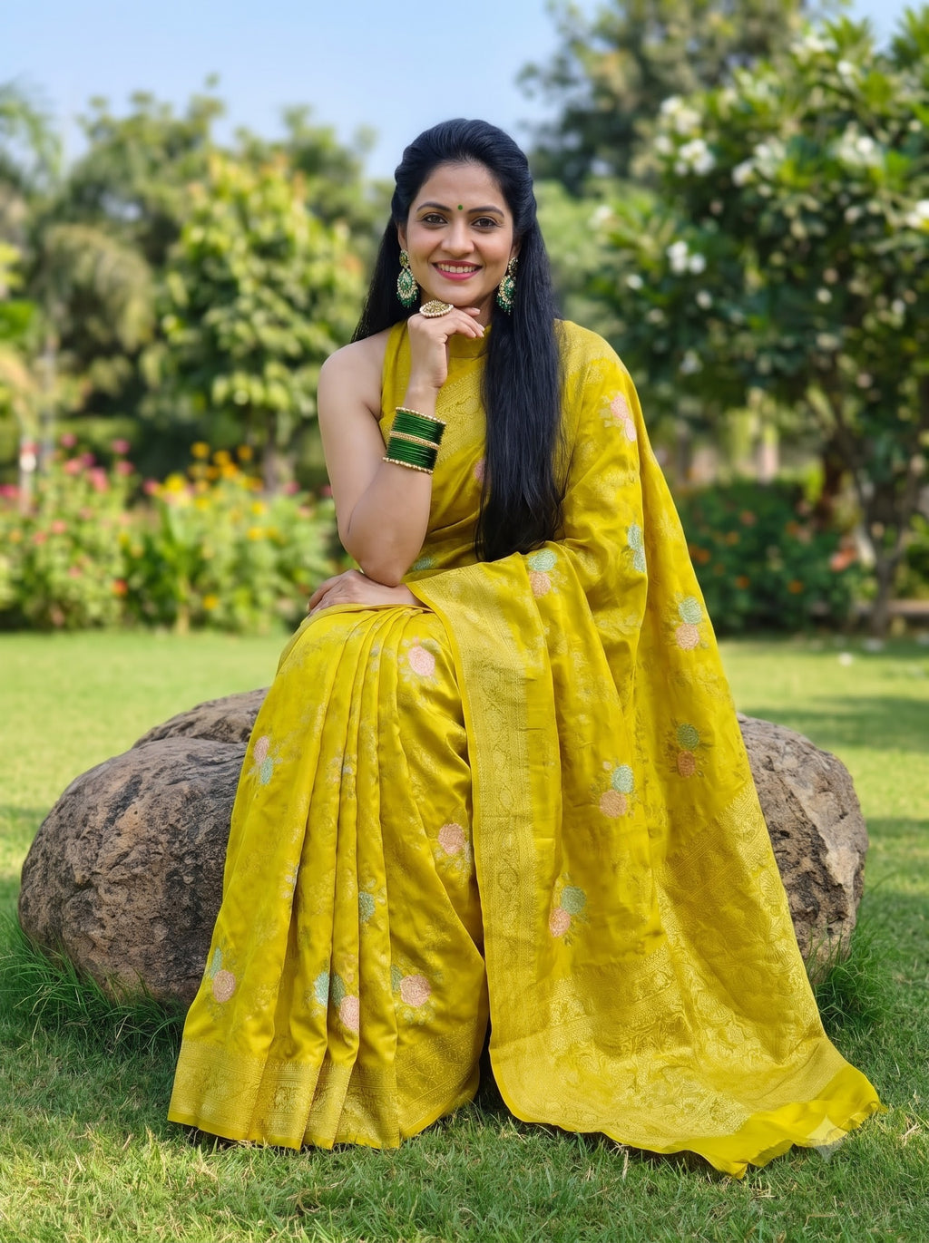 Premium Banarasi Chinon Georgette Soft Silk Saree – Lime Yellow Floral