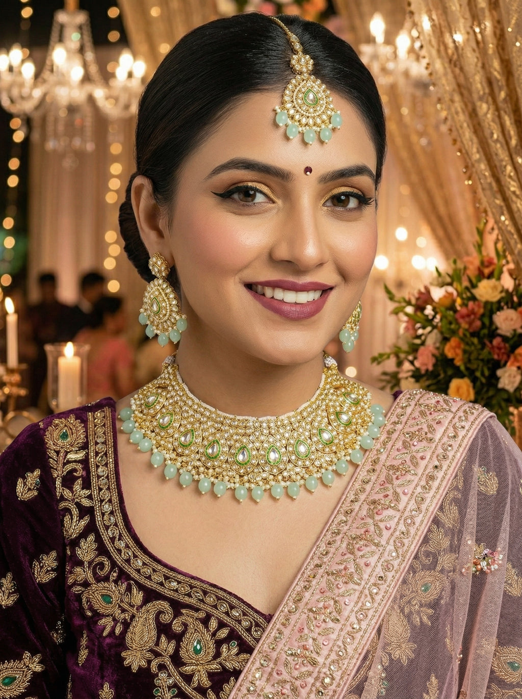 myFashion Gold-Plated Kundan Choker Necklace Set with Mint Green Beads | Bridal & Wedding Jewellery Set with Earrings & Maang Tikka