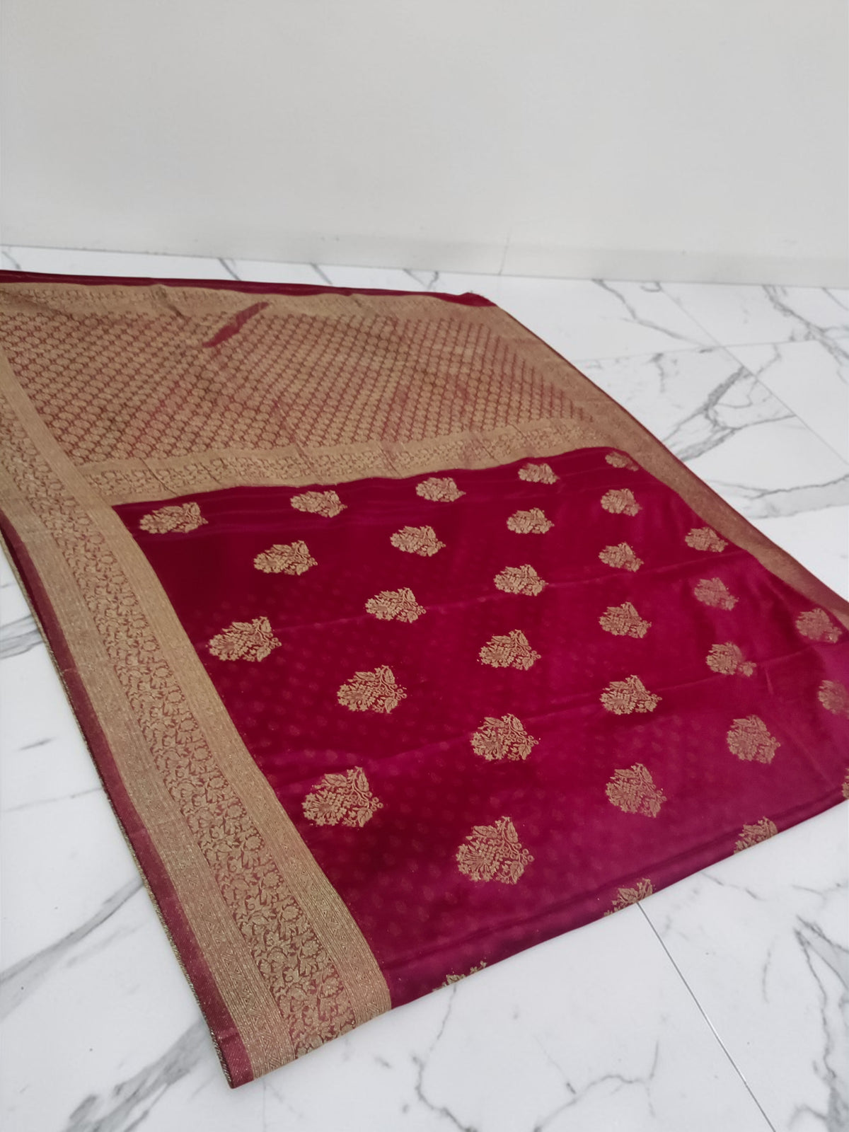 Maroon Banarasi Khadi Chiffon Saree with Rich Zari Buti & Woven Border | Premium Festive & Wedding Saree for Women