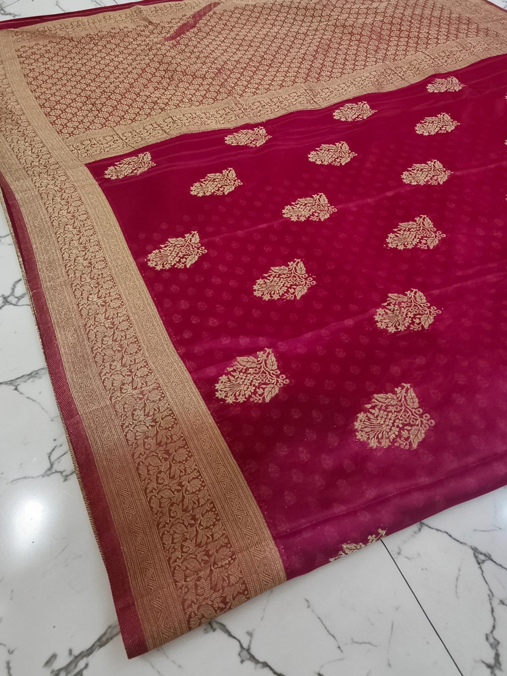 Maroon Banarasi Khadi Chiffon Saree with Rich Zari Buti & Woven Border | Premium Festive & Wedding Saree for Women