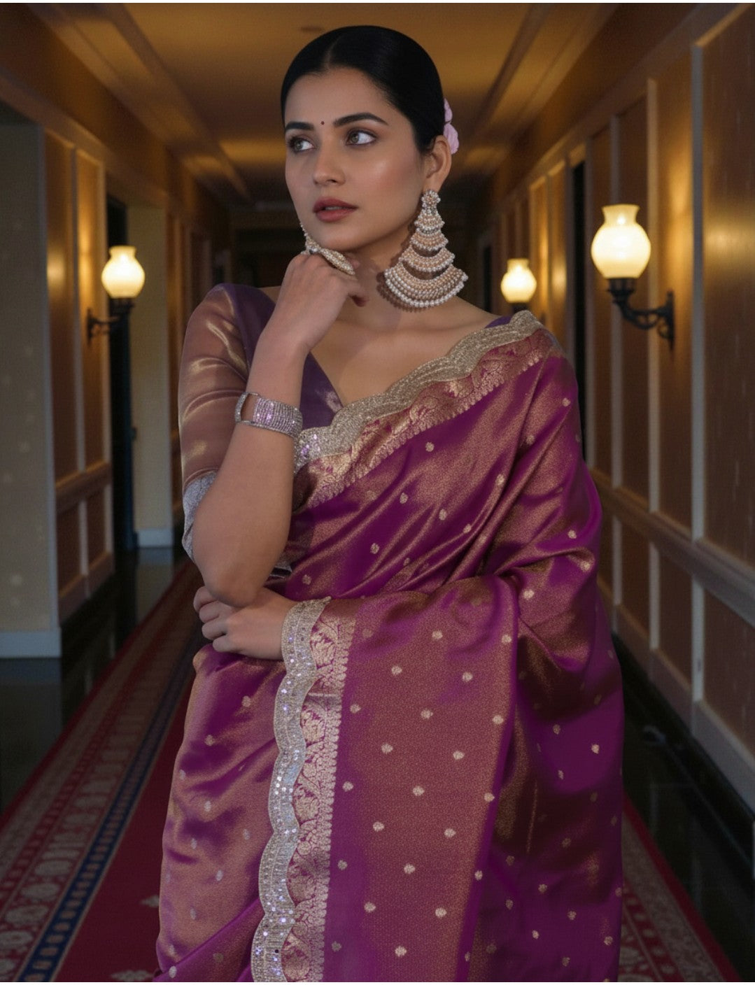 Mauve Banarasi Tissue Saree with Antique Zari Border