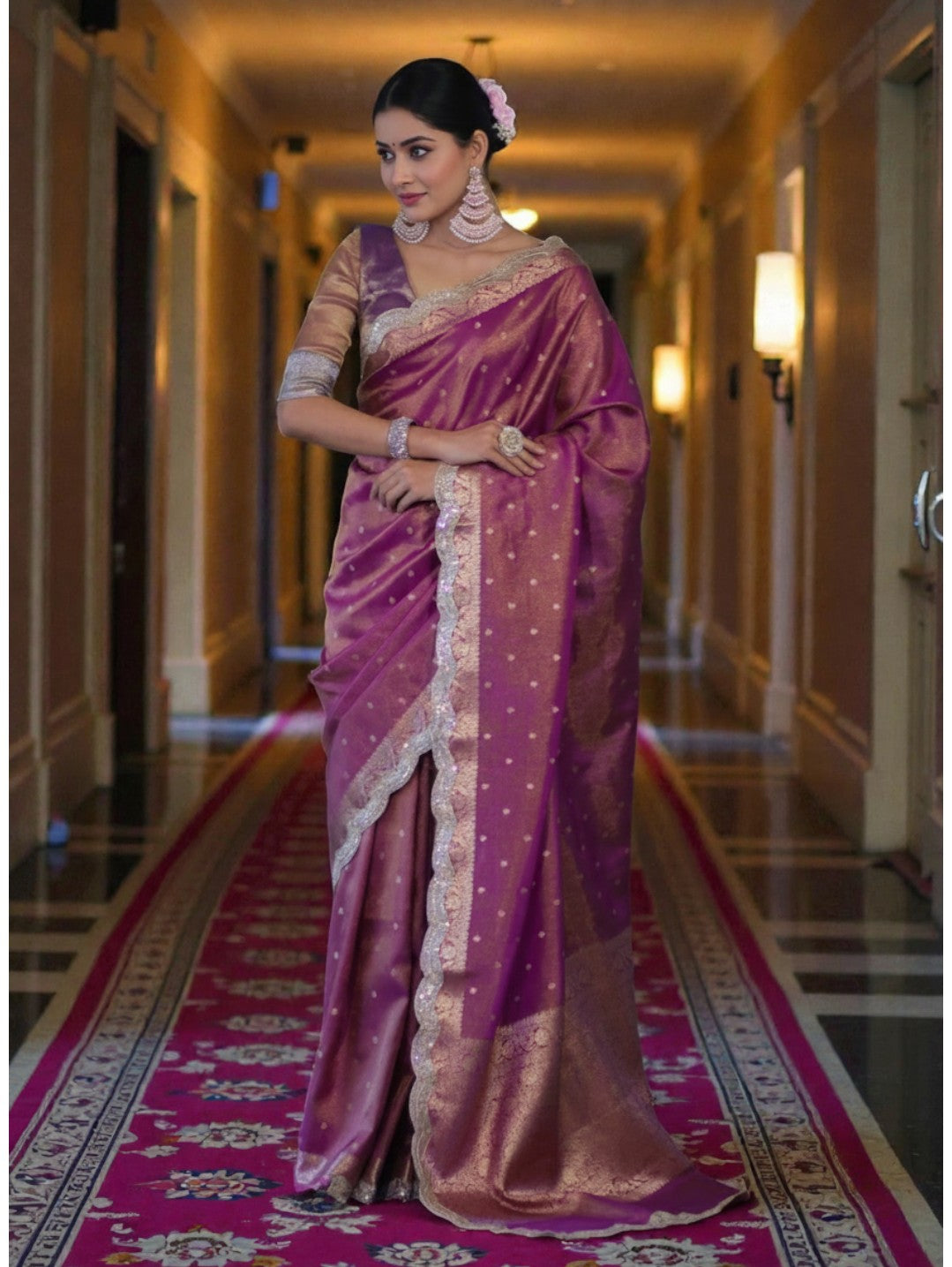Mauve Banarasi Tissue Saree with Antique Zari Border