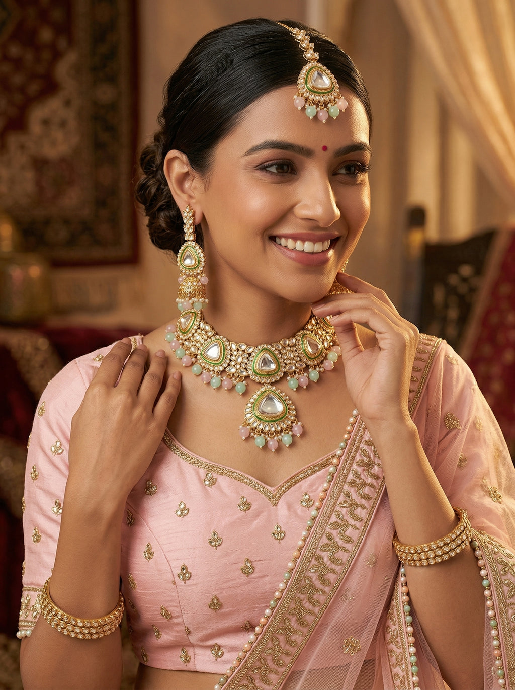 myFashion Kundan Choker Necklace Set with Pearl Strands & Pastel Pink Green Beads | Bridal Jewellery Set with Earrings & Maang Tikka