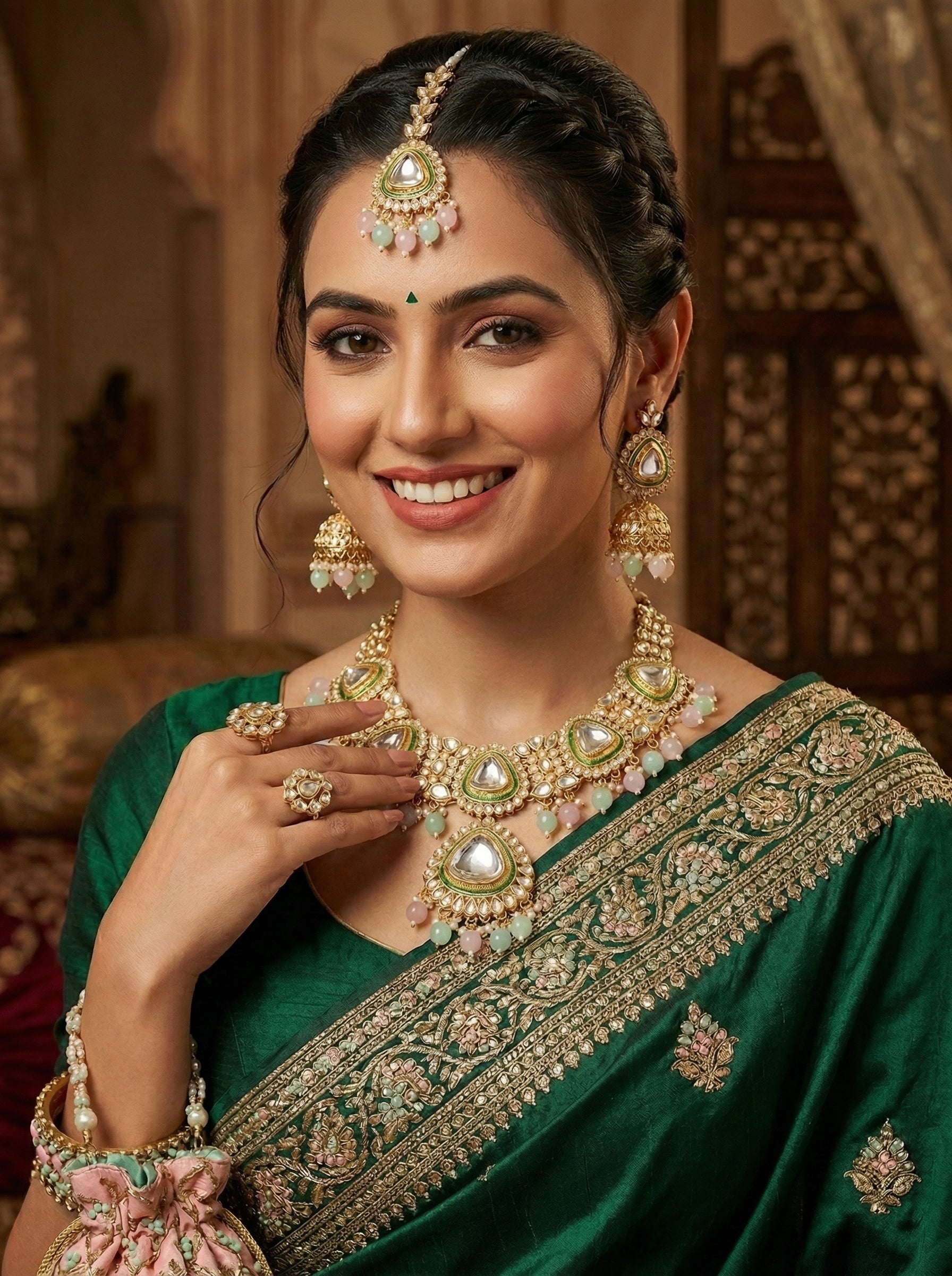 myFashion Kundan Choker Necklace Set with Pearl Strands & Pastel Pink Green Beads | Bridal Jewellery Set with Earrings & Maang Tikka