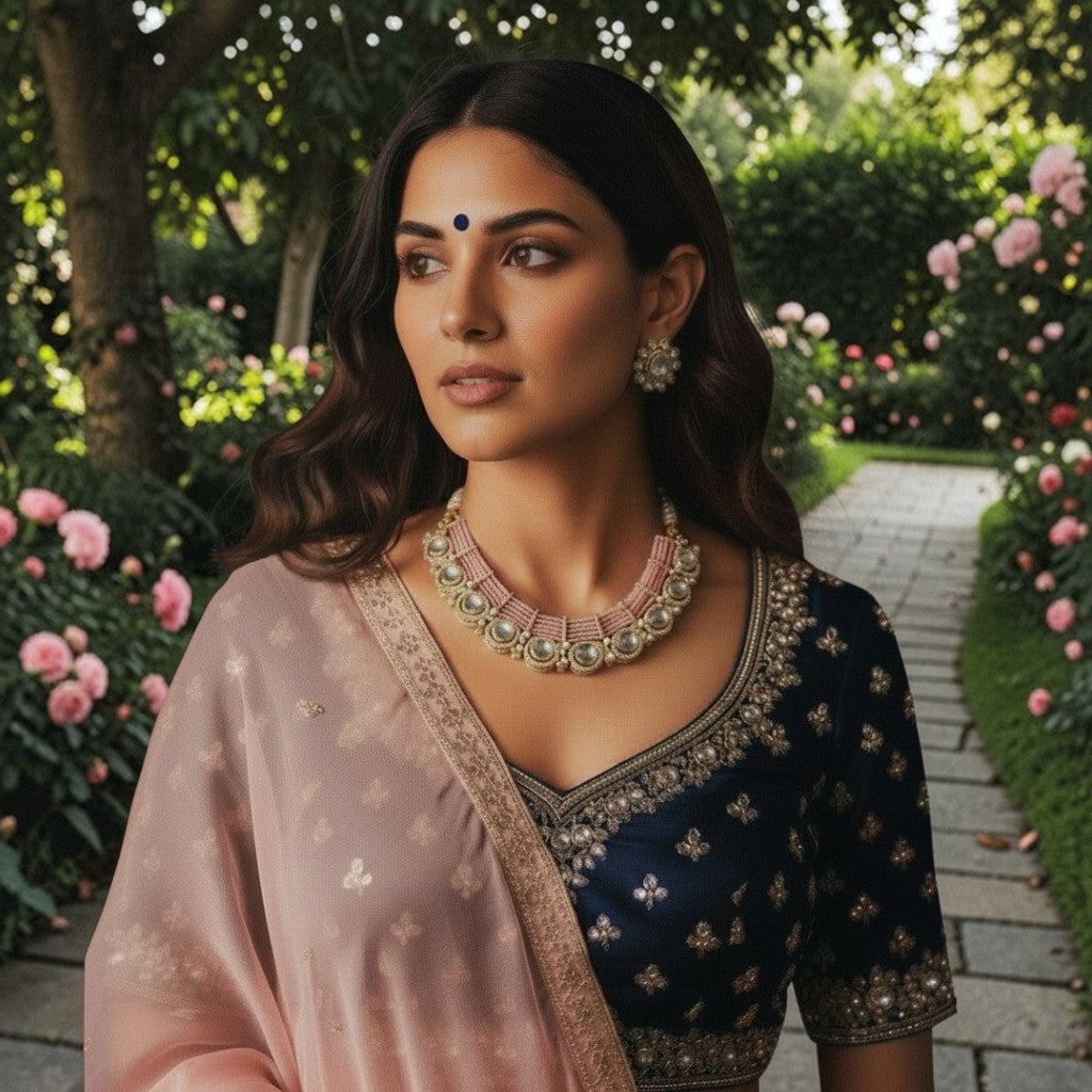 Pink Beaded Moissanite Kundan Choker Necklace Set with Earrings – Bridal & Festive Statement Jewellery