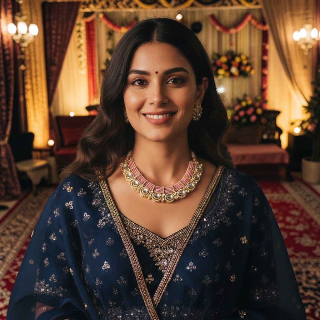Pink Beaded Moissanite Kundan Choker Necklace Set with Earrings – Bridal & Festive Statement Jewellery