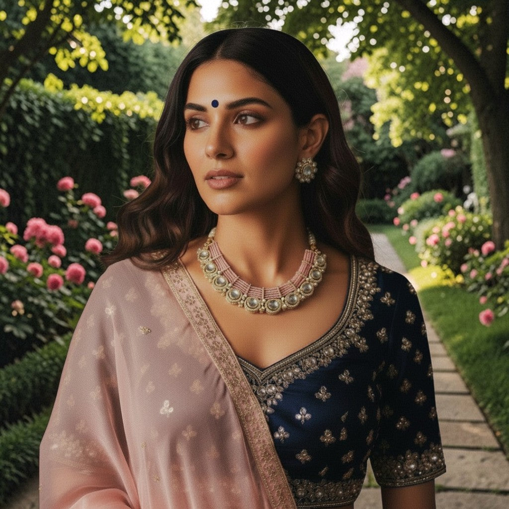 Pink Beaded Moissanite Kundan Choker Necklace Set with Earrings – Bridal & Festive Statement Jewellery