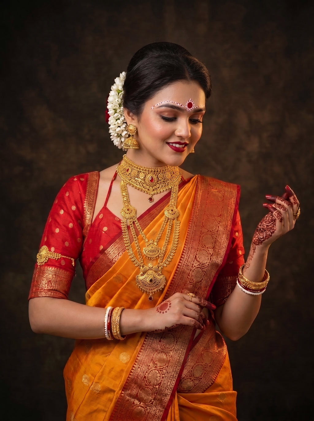 Mustard Yellow Crepe Georgette Saree with Rich Red Banarasi Zari Border & Grand Woven Pallu