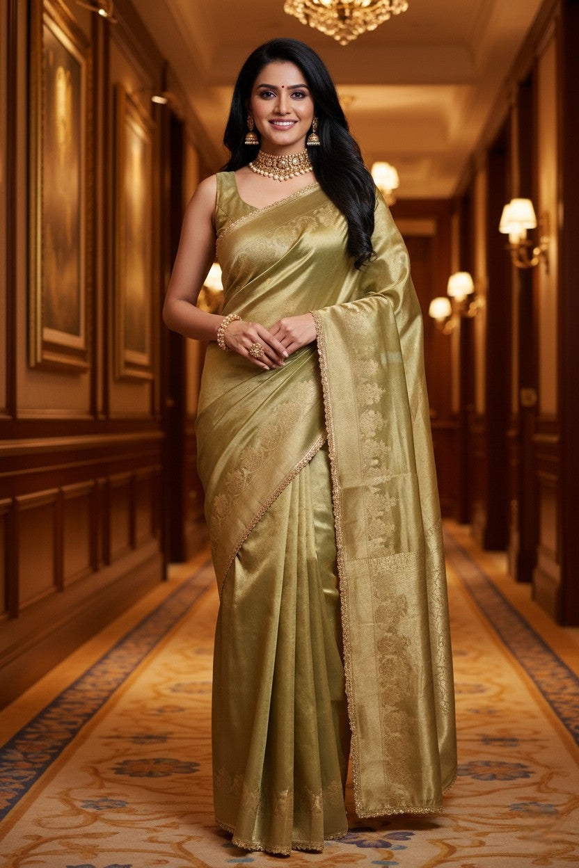 Banarasi Tissue silk Saree with Golden zari floral Scallop border
