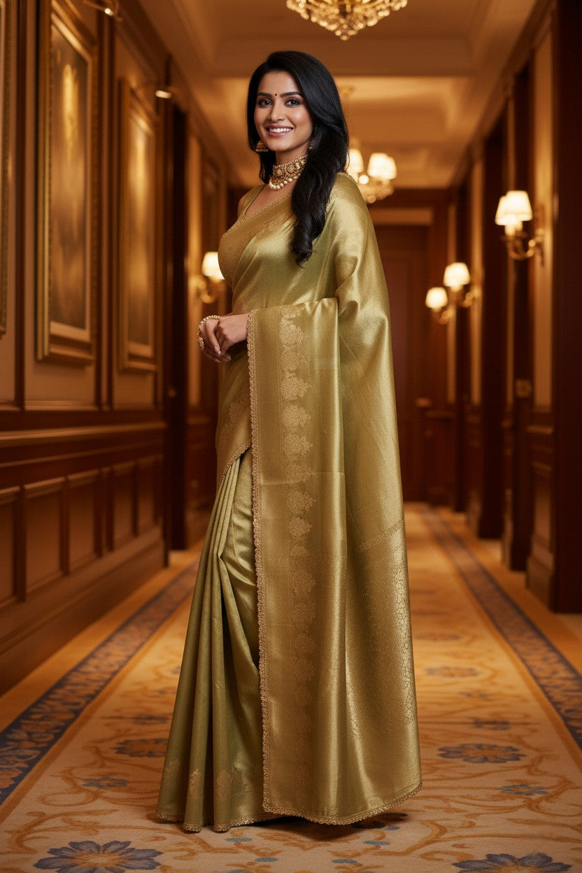 Banarasi Tissue silk Saree with Golden zari floral Scallop border