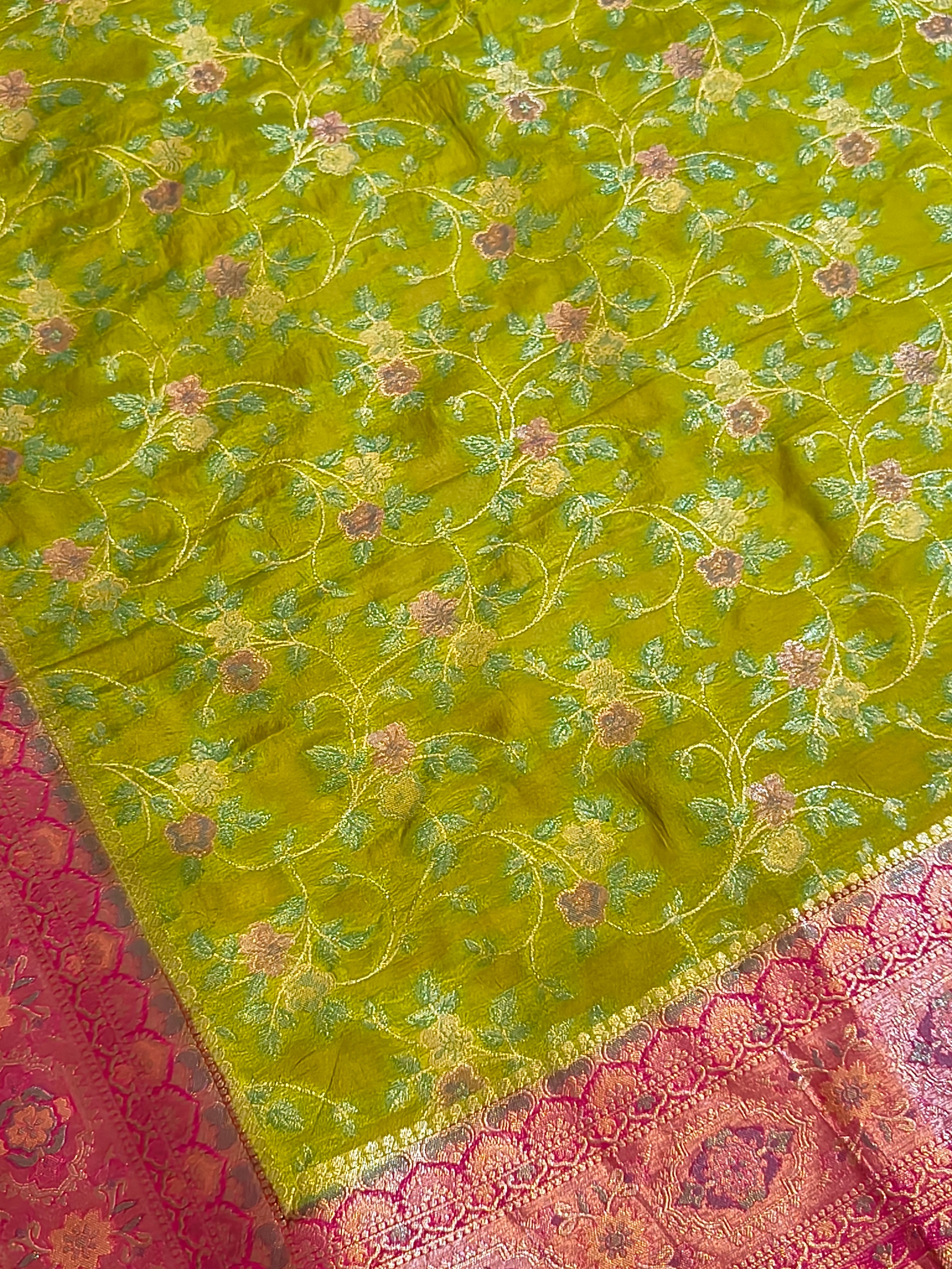 Parrot Green Banarasi semi Katan Silk Saree with Meenakari Floral Jaal & Rani Pink Woven Border and Rich Pallu